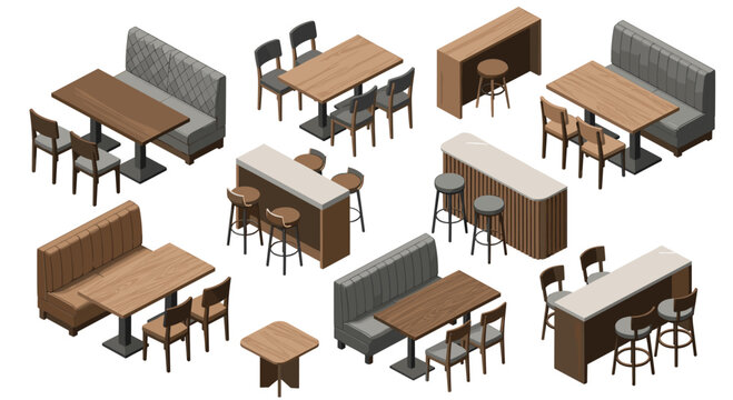 Modern restaurant furniture collection featuring stylish booths, tables, and bar stools for commercial spaces
