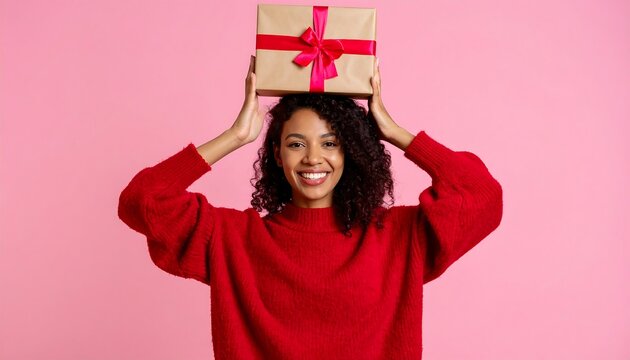 Joyful Woman Balancing Gift Box on Head, Pink Background