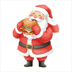 Watercolor Santa Claus Eating Burger Vector Illustration, Funny Christmas Character
