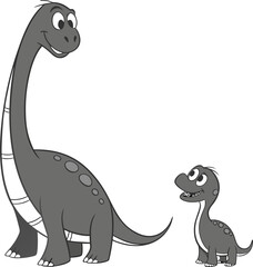 Two cartoon dinosaurs are depicted against a plain white background. The larger dinosaur, a Brachiosaurus, is positioned on the left side, facing slightly towards the right. It is drawn in a simple, m