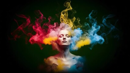 Woman with colorful smoke emanating from her head, representing thoughts