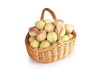 Fresh Ripe Peaches in Wicker Basket - Organic Stone Fruit Harvest on White Background
