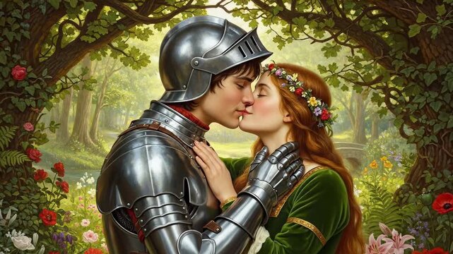 A medieval knight in armor kisses a beautiful maiden in a fantasy forest. Romantic couple embracing in a magical garden. Animated fairytale illustration of love and chivalry