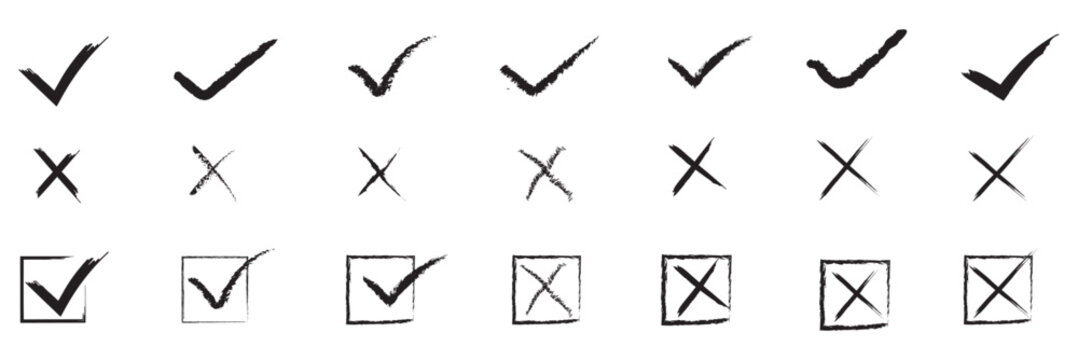 Black check marks and  crosses icon. Collection of  check marks and  cross symbols, including boxed versions, representing approval, rejection, validation, and error concepts.

