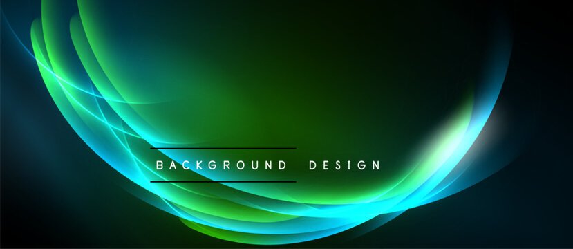 Abstract flowing lines create vibrant green, blue gradients. Dark background emphasizes luminous curves, modern design elements.