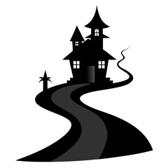 Spooky Halloween haunted house with winding path vector on white background.