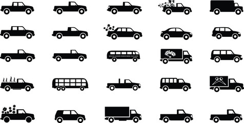 PrintSilhouette pickup trucks, vans, cars, buses, delivery vehicles, floral cargo icons, transportation fleet symbols, black vector automotive collection, commercial design set © Creatives World