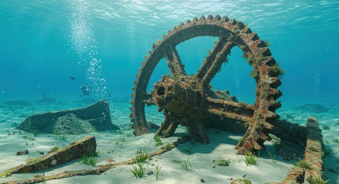 Underwater scene of a rusty, ancient ship's gear on sandy seabed shipwreck ruins