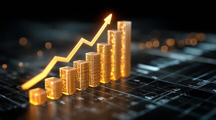 Golden bar chart showing financial growth and market success, increasing wealth in stock economy, representing business data progress and investment