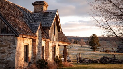 Rustic stone cottage at sunset, framed by trees, logs, and fields. Warm light illuminates the scene