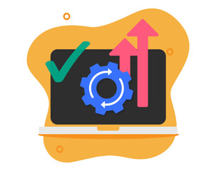 Laptop computer system boost hardware upgrade icon graphic flat cartoon illustration, new pc os software version installation update to improve speed performance technology, modernize security tech

