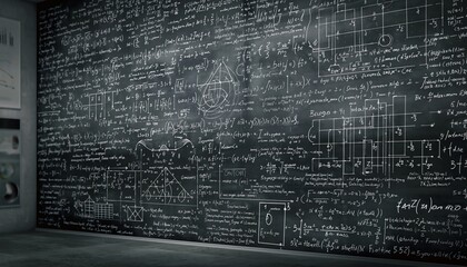 Complex mathematical chalkboard equations cover entire blackboard, featuring graphs, formulas, and scientific notations in a classroom or academic setting, inspiring curiosity and learning.