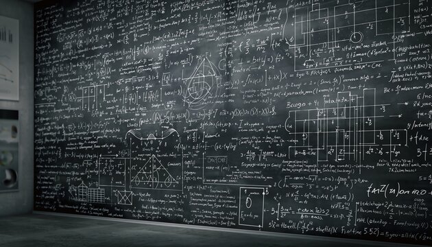 Complex mathematical chalkboard equations cover entire blackboard, featuring graphs, formulas, and scientific notations in a classroom or academic setting, inspiring curiosity and learning.