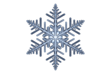 Detailed macro shot of a single symmetrical snowflake against a black backdrop on transparent background