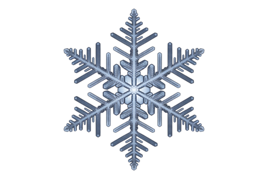 Detailed macro shot of a single symmetrical snowflake against a black backdrop on transparent background