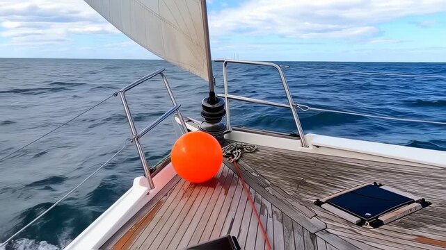 A sailboat cutting through ocean waves with a billowed sail under a partly cloudy sky