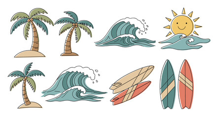 Naklejka premium Hand-drawn collection of summer beach icons with palm trees, ocean waves, a smiling sun, and surfboards.