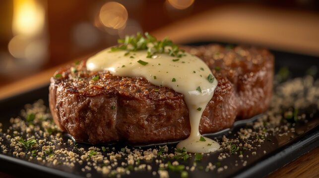 Gourmet beef tenderloin steak with creamy sauce and herbs