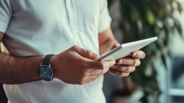 Close up of man wearing white shirt using tablet with wristwatch modern technology lifestyle scene