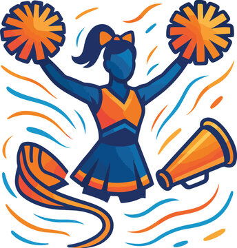 Blue and orange cheerleader with pom poms and megaphone