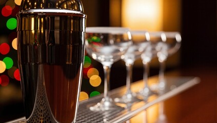 Close up of a cocktail shaker with glasses on a bar. Festive holiday party background with colorful bokeh lights