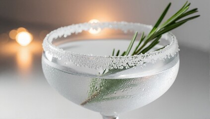 Close-up of a holiday cocktail with a rosemary garnish and sugar rim. Elegant winter drink in a chilled coupe glass. Festive celebration concept