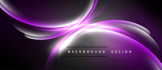 Abstract purple waves, flowing lines create dynamic background. Modern design with bright glow, dark shadows. Simple text overlay present.