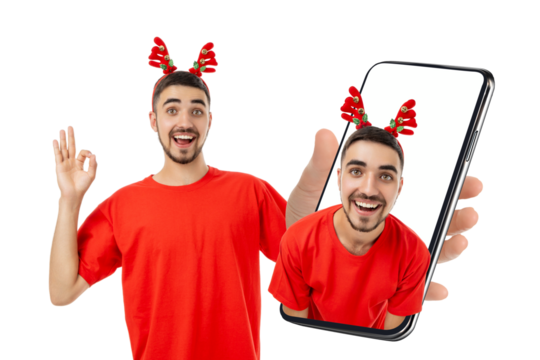 Man in a red shirt with antlers, smiling, isolated, PNG - Powered by Adobe