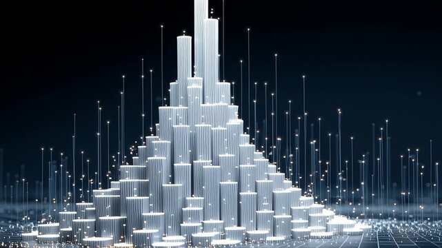 Luminescent lines connecting expanding white pyramid amid glowing digital particles on circuit board background, representing technological network progression