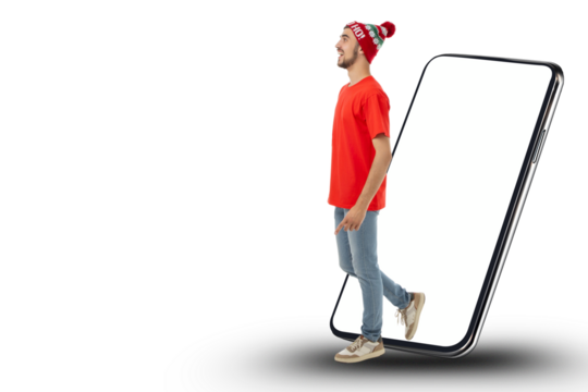 Man in red shirt and hat steps from phone screen, isolated, PNG