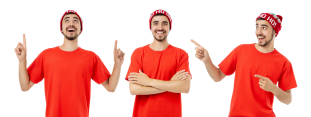 Set, Young man in a red shirt shows festive poses, isolated, PNG