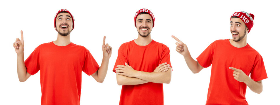 Set, Young man in a red shirt shows festive poses, isolated, PNG - Powered by Adobe