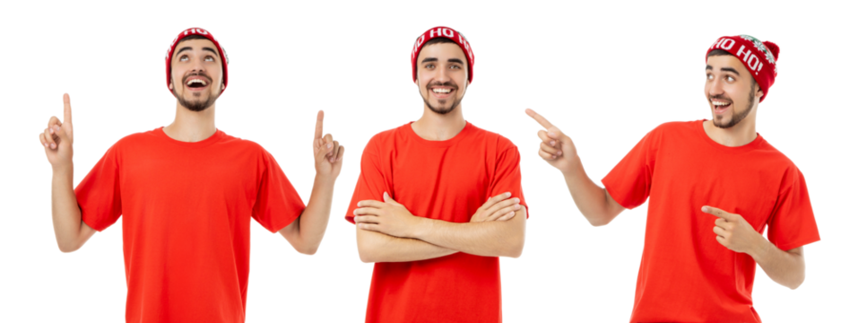 Set, Young man in a red shirt shows festive poses, isolated, PNG