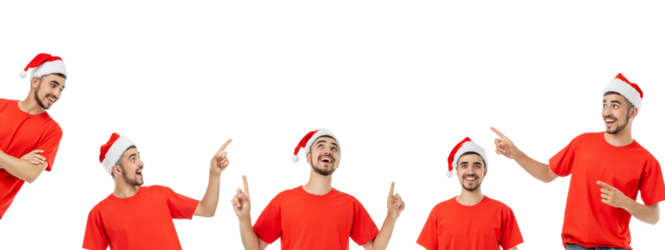 Set, Young man in red shirt and Santa hat poses, isolated, PNG