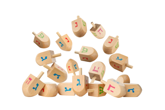 Colorful wooden dreidels on white background, isolated, PNG