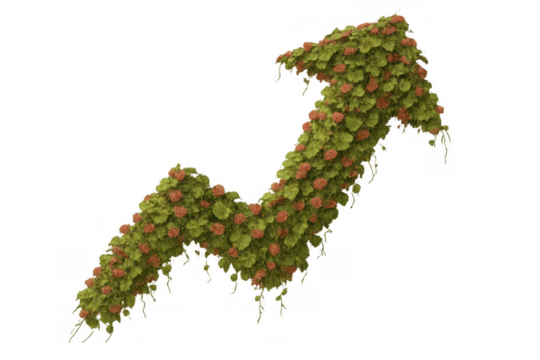 Green nature arrow showing environmental growth, increasing progress, and eco-friendly upward trend on transparent background