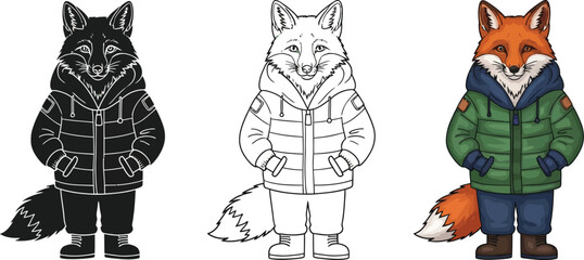 Three versions of a fox in a winter jacket a black silhouette, an outline, and a colorful illustration