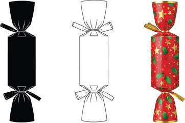 Christmas cracker in silhouette, outline and color, a festive party favor for holiday season