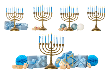 Set, Blue candle menorahs and wrapped gifts, isolated, PNG