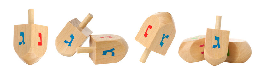 Set, Colorful Hebrew-lettered dreidels on white, isolated, PNG