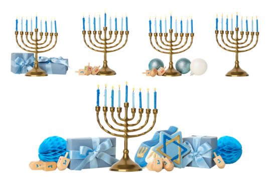 Set, Blue candle menorahs and wrapped gifts, isolated, PNG