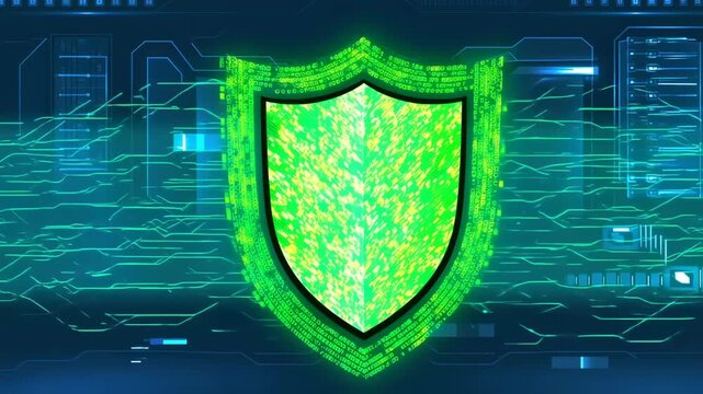 Digital shield icon with circuit-like background; glowing blue