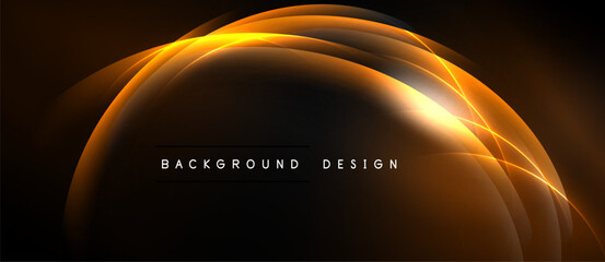 Abstract orange lines create glowing curves. Dark background emphasizes bright, dynamic design elements. Modern aesthetic.