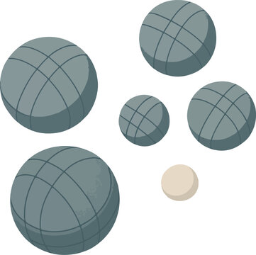 Five grey petanque balls and one white jack boules