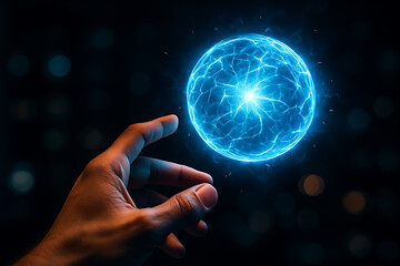 Futuristic Energy Concept – Human Hand Interacting with Glowing Blue Orb Representing Power and Technology