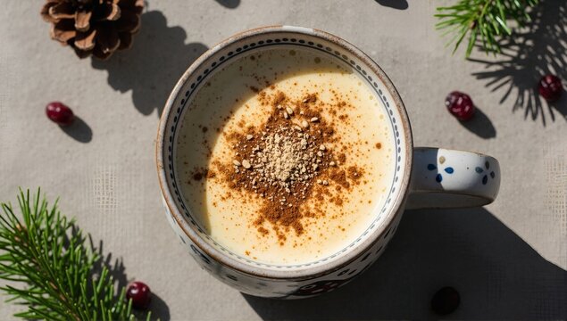 Top view of homemade eggnog in a patterned ceramic mug. Festive Christmas holiday drink garnished with cinnamon and nutmeg. Winter season flat lay composition