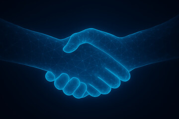 Digital Handshake Concept – Glowing Wireframe Hands Representing Virtual Agreement, Blockchain, and Tech Partnership