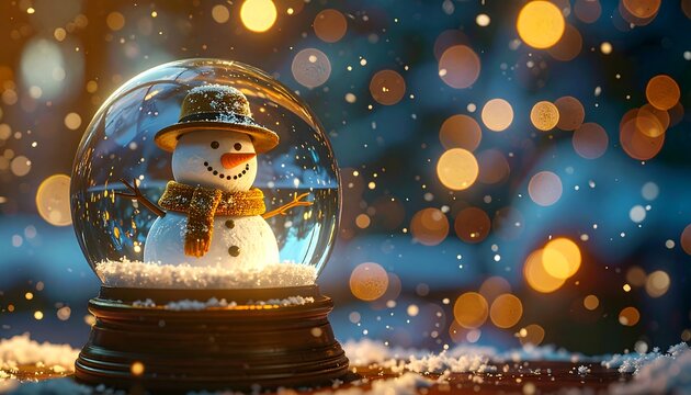Festive Snowman in Glass Globe with Bokeh Lights and Snowfall Effect