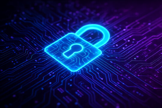 Cybersecurity Visualization – Glowing Padlock Icon on Circuit Background Representing Data Protection and Digital Infrastructure