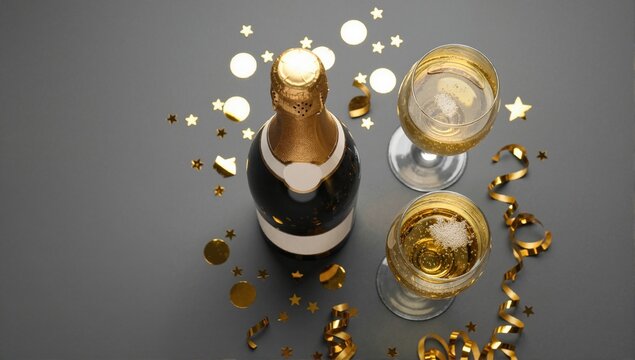 Top view of a champagne bottle and two glasses on a festive background. Celebration concept with gold confetti on a gray surface. Flat lay with copy space for text